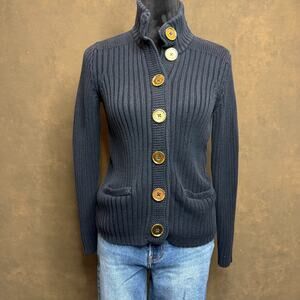 Talbots Petites Pima Cotton Rib Knit Cardigan Sweater Navy Blue Size Small